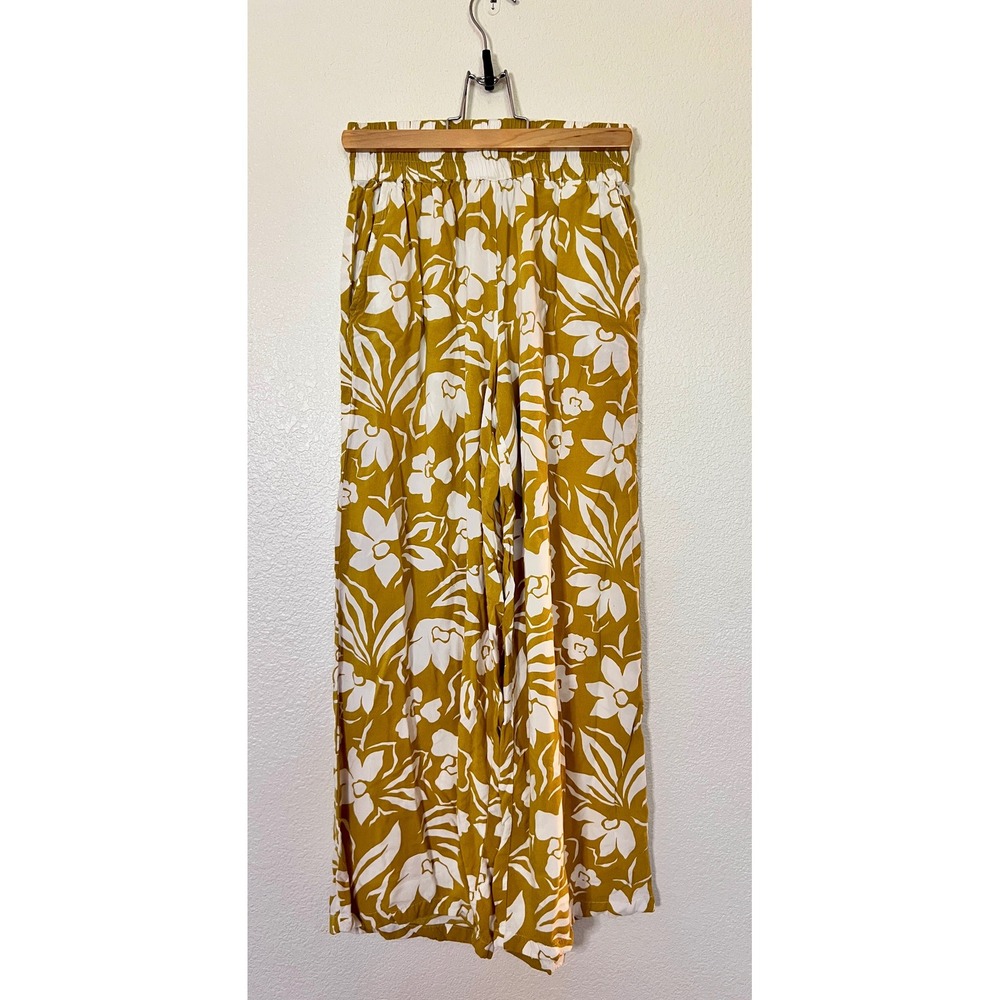 Billabong Boho Floral Wide Leg Pants Mustard White Flowy Beach Resort XS